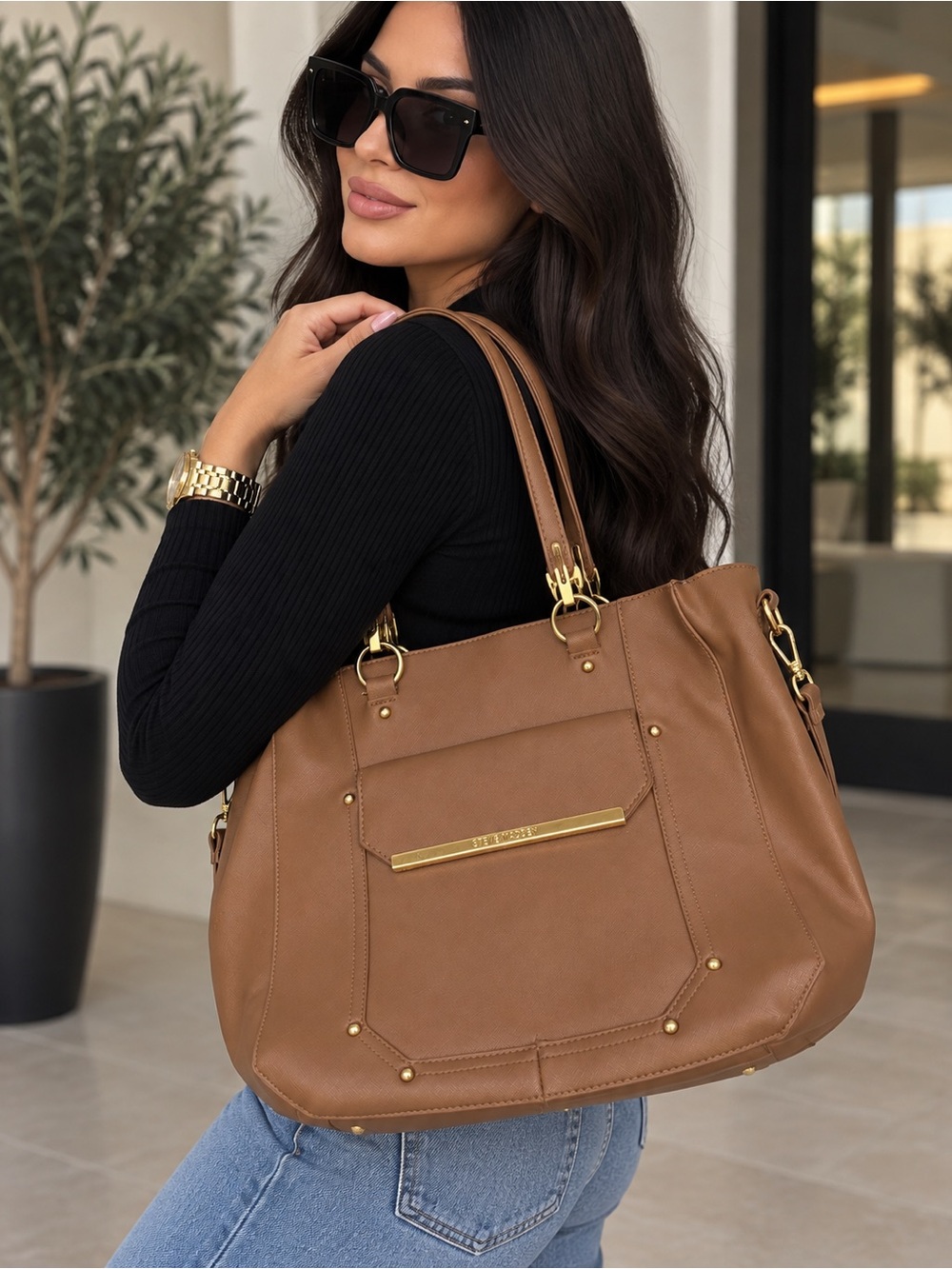 Classic Tan Women's Tote Bag with Gold Hardware